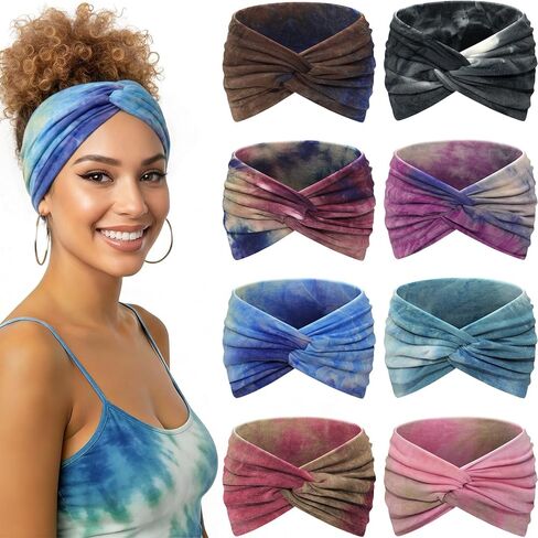 Wide Headbands for Women, 7.08 Inch Thick Boho Turban Style Hair Wraps, Non-Slip Moisture-Wicking Workout Headband for Sports, Yoga, Daily Fashion, 8 Pack Multi Colors (rose pink) in Saudi Arabia