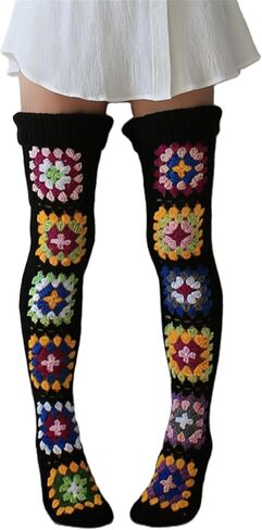Crochet Socks for Women Y2k Granny Square Over Knee High Stockings Warm Chunky Knitted Long Leg Warmers Boot Socks in Kuwait