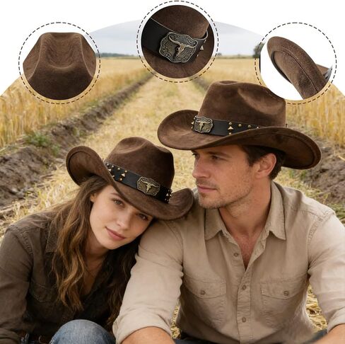 قبعة رعاة البقر بنية اللون للنساء والرجال، قبعة رعاة البقر الغربية ذات حافة واسعة قابلة للتعديل للحفلات وركوب الخيل والسفر والأنشطة الخارجية (بني) in Kuwait