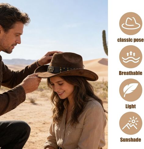 قبعة رعاة البقر بنية اللون للنساء والرجال، قبعة رعاة البقر الغربية ذات حافة واسعة قابلة للتعديل للحفلات وركوب الخيل والسفر والأنشطة الخارجية (بني) in Kuwait