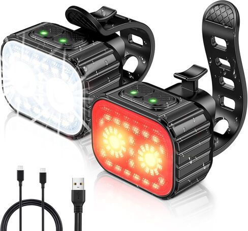أضواء الدراجة [8+7 أوضاع]، أضواء دراجة قابلة لإعادة الشحن عبر USB للأمام والخلف، فائقة السطوع مع أضواء كاشفة وإضاءة كاشفة، مصابيح دراجة مقاومة للماء IP65 لسلامة ركوب الدراجات على الطرق الجبلية ليلاً ونهارًا in Kuwait