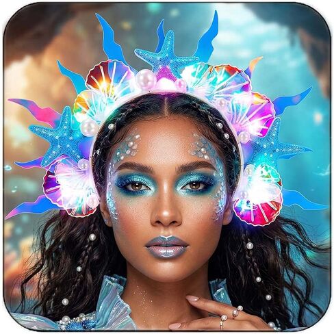 Zoestar Light Up Mermaid Starfish Headband Glow Led Shell Hair Bands Pearl Costume Hair Accessories for Women in Kuwait