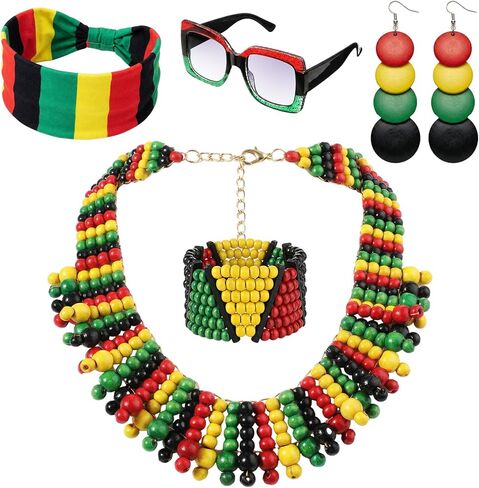 Jexine 5 Pcs Women's Rasta African Jewelry Set Include Headband, Dangle Earrings, Sunglasses, Jamaica Necklace, Bracelet in Saudi Arabia