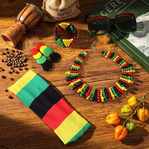 Jexine 5 Pcs Women's Rasta African Jewelry Set Include Headband, Dangle Earrings, Sunglasses, Jamaica Necklace, Bracelet in Saudi Arabia