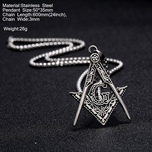Mens Freemason Compass Masonic Pendant Necklace Silver Tone Stainless Steel with 24inch Link Chain in Kuwait