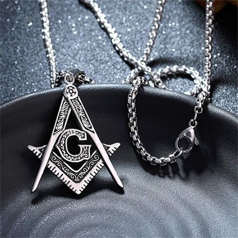 Mens Freemason Compass Masonic Pendant Necklace Silver Tone Stainless Steel with 24inch Link Chain in Kuwait