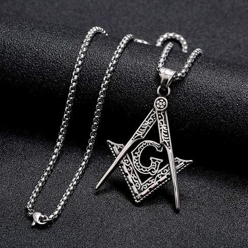 Mens Freemason Compass Masonic Pendant Necklace Silver Tone Stainless Steel with 24inch Link Chain in Kuwait