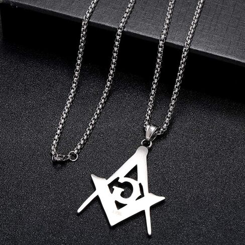 Mens Freemason Compass Masonic Pendant Necklace Silver Tone Stainless Steel with 24inch Link Chain in Kuwait