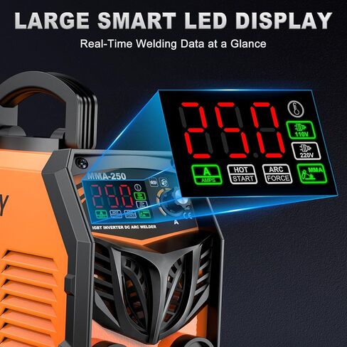 ماكينة لحام بالعصا، ماكينة لحام قوسية 250 أمبير مع شاشة LED كبيرة، جهد مزدوج 110 فولت/220 فولت IGBT ماكينة لحام محمولة مع 10 قضبان، مشبك أرضي، مشبك كهربائي، بداية ساخنة، قوة قوس، مضادة للالتصاق in Kuwait