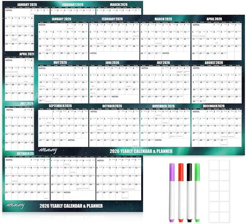 24" x 36" Apricity 2026 Wall Calendar Dry Erase - Dark Green Wall Calendar Wet & Dry Erasable Laminated 12 Month Annual Yearly Planner, Reversible, Horizontal/Vertical,with Julian Dates in Saudi Arabia