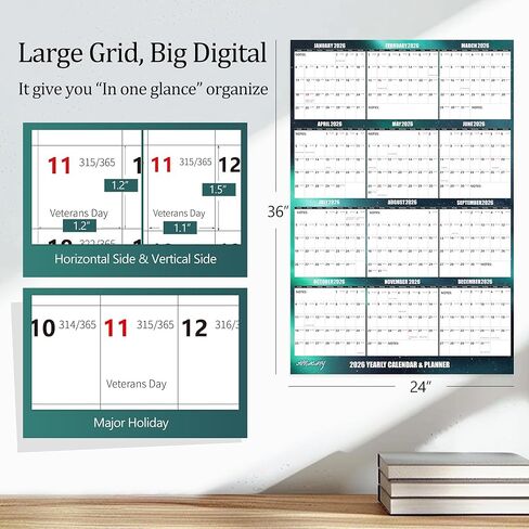 24" x 36" Apricity 2026 Wall Calendar Dry Erase - Dark Green Wall Calendar Wet & Dry Erasable Laminated 12 Month Annual Yearly Planner, Reversible, Horizontal/Vertical,with Julian Dates in Saudi Arabia