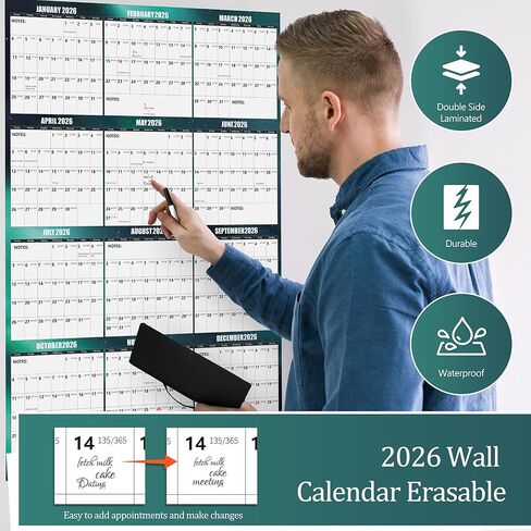 24" x 36" Apricity 2026 Wall Calendar Dry Erase - Dark Green Wall Calendar Wet & Dry Erasable Laminated 12 Month Annual Yearly Planner, Reversible, Horizontal/Vertical,with Julian Dates in Saudi Arabia