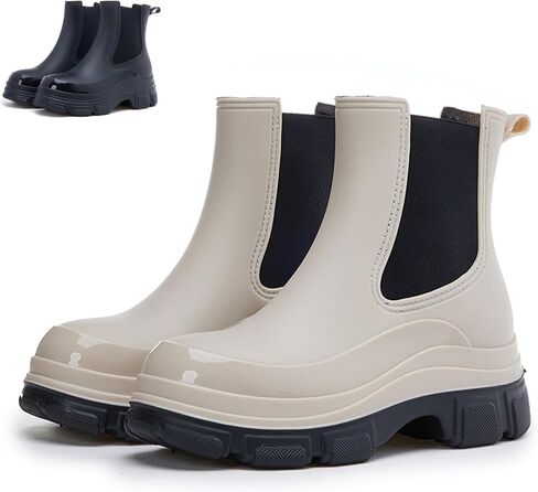 حذاء نسائي من مادة PVC خفيف الوزن وغير قابل للانزلاق وكعب مكتنز منخفض وقصير للمطر أنيق ومريح بمقدمة مستديرة ومقاوم للماء وسحب مرن على منصة حذاء تشيلسي للعمل في الهواء الطلق in Kuwait