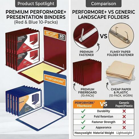 Performore 10 Pack of 11x17 Inch Landscape Pressboard Presentation Binder Folder, Red Fiberboard Report Cover with Metal Prong Paper Fastener to Neatly Bind Reports, Proposals, Transcripts in Saudi Arabia