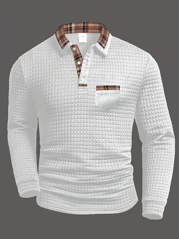 Men's Long Sleeve Waffle Polo Shirt with Pocket, Stylish Shirt with Plaid Collar, Casual Top for Daily Wear in Saudi Arabia