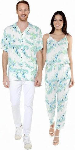 Matchable Couple Hawaiian Luau Shirt or V-Neck Jumpsuit with Pockets in Orchid Breeze White in Saudi Arabia