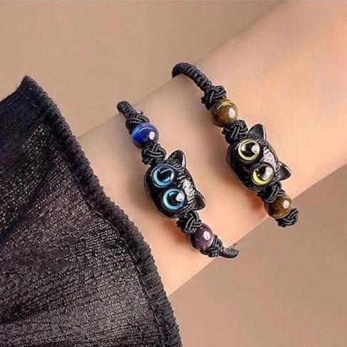 2Pcs Cute Black Cat Braided Bracelets Adjustable Blue Yellow Eyes Kitten Beaded Bracelet Women Men Couple Trendy Jewelry Gift in Saudi Arabia