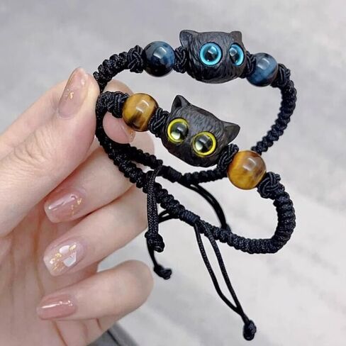 2Pcs Cute Black Cat Braided Bracelets Adjustable Blue Yellow Eyes Kitten Beaded Bracelet Women Men Couple Trendy Jewelry Gift in Saudi Arabia