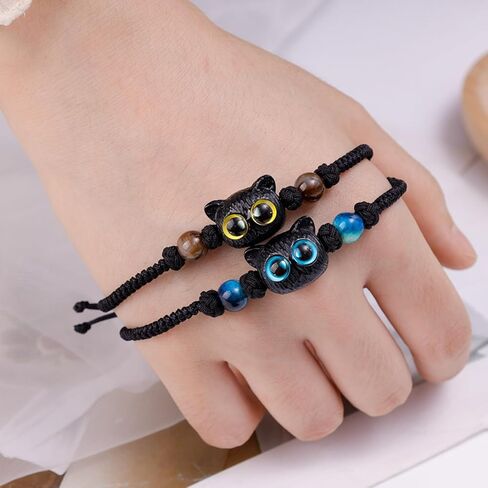 2Pcs Cute Black Cat Braided Bracelets Adjustable Blue Yellow Eyes Kitten Beaded Bracelet Women Men Couple Trendy Jewelry Gift in Saudi Arabia