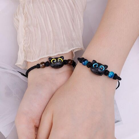 2Pcs Cute Black Cat Braided Bracelets Adjustable Blue Yellow Eyes Kitten Beaded Bracelet Women Men Couple Trendy Jewelry Gift in Saudi Arabia