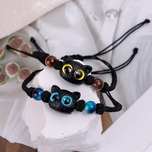 2Pcs Cute Black Cat Braided Bracelets Adjustable Blue Yellow Eyes Kitten Beaded Bracelet Women Men Couple Trendy Jewelry Gift in Saudi Arabia