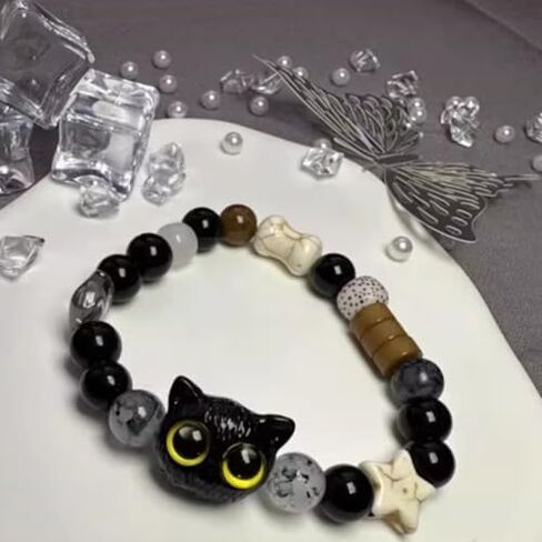 2Pcs Cute Black Cat Braided Bracelets Adjustable Blue Yellow Eyes Kitten Beaded Bracelet Women Men Couple Trendy Jewelry Gift in Saudi Arabia