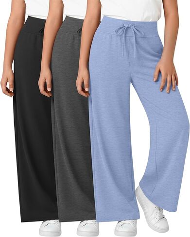 3 Pack Girl's Wide Leg Sweatpants Open Bottom Joggers with Drawstring Casual Baggy Sweat Pants 5-14 Years in Kuwait