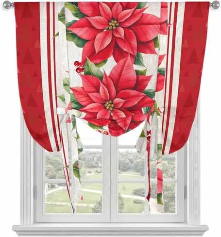 البونسيتة الحمراء عيد الميلاد ربط الستائر للنافذة، عيد الميلاد النباتية الأزهار الحديثة الفن الحراري بالون الظل قابل للتعديل قضيب جيب الستائر الستارة لوحات للمطبخ الحمام مقهى 46 بوصة × 63 بوصة in Saudi Arabia