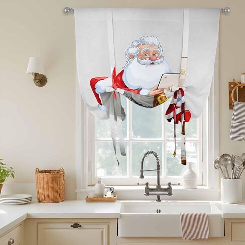 Christmas Tie Up Curtains for Window, Funny Santa Claus on Toilets Xmas Abstract Thermal Insulated Balloon Shade Adjustable Rod Pocket Curtains Valance Panels for Kitchen Bathroom Café 42'' x 54'' in Saudi Arabia