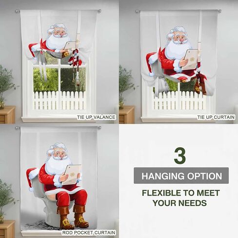 Christmas Tie Up Curtains for Window, Funny Santa Claus on Toilets Xmas Abstract Thermal Insulated Balloon Shade Adjustable Rod Pocket Curtains Valance Panels for Kitchen Bathroom Café 42'' x 54'' in Saudi Arabia