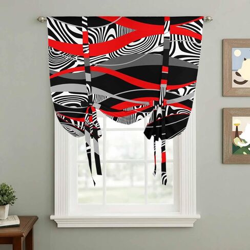 Red Black Stripes Tie Up Curtains for Window, Modern Gradient Abstract Lines Art Thermal Insulated Balloon Shade Adjustable Rod Pocket Curtains Valance Panels for Kitchen Bathroom Café 52'' x 63'' in Saudi Arabia