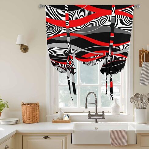 Red Black Stripes Tie Up Curtains for Window, Modern Gradient Abstract Lines Art Thermal Insulated Balloon Shade Adjustable Rod Pocket Curtains Valance Panels for Kitchen Bathroom Café 52'' x 63'' in Saudi Arabia