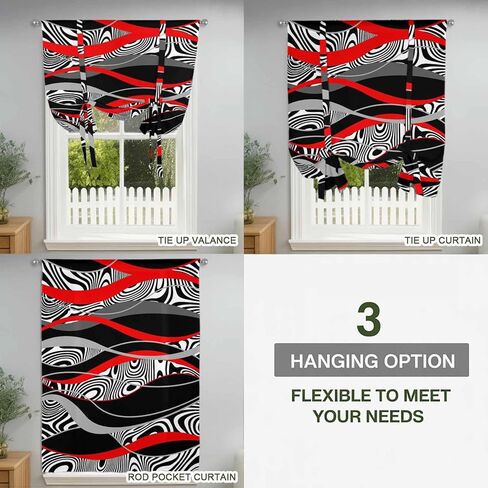 Red Black Stripes Tie Up Curtains for Window, Modern Gradient Abstract Lines Art Thermal Insulated Balloon Shade Adjustable Rod Pocket Curtains Valance Panels for Kitchen Bathroom Café 52'' x 63'' in Saudi Arabia