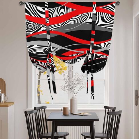 Red Black Stripes Tie Up Curtains for Window, Modern Gradient Abstract Lines Art Thermal Insulated Balloon Shade Adjustable Rod Pocket Curtains Valance Panels for Kitchen Bathroom Café 52'' x 63'' in Saudi Arabia