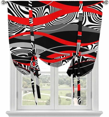 Red Black Stripes Tie Up Curtains for Window, Modern Gradient Abstract Lines Art Thermal Insulated Balloon Shade Adjustable Rod Pocket Curtains Valance Panels for Kitchen Bathroom Café 52'' x 63'' in Saudi Arabia