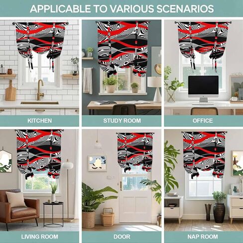 Red Black Stripes Tie Up Curtains for Window, Modern Gradient Abstract Lines Art Thermal Insulated Balloon Shade Adjustable Rod Pocket Curtains Valance Panels for Kitchen Bathroom Café 52'' x 63'' in Saudi Arabia