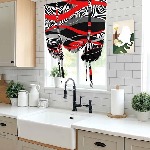 Red Black Stripes Tie Up Curtains for Window, Modern Gradient Abstract Lines Art Thermal Insulated Balloon Shade Adjustable Rod Pocket Curtains Valance Panels for Kitchen Bathroom Café 52'' x 63'' in Saudi Arabia