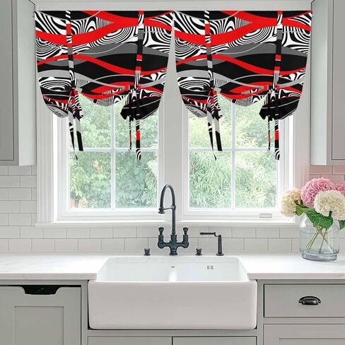 Red Black Stripes Tie Up Curtains for Window, Modern Gradient Abstract Lines Art Thermal Insulated Balloon Shade Adjustable Rod Pocket Curtains Valance Panels for Kitchen Bathroom Café 52'' x 63'' in Saudi Arabia