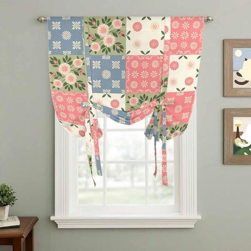 Japanese Style Tie Up Curtains for Window, Colorful Patchwork Flowers Leaves Plaid Thermal Insulated Balloon Shade Adjustable Rod Pocket Curtains Valance Panels for Kitchen Bathroom Café 52'' x 63'' in Saudi Arabia