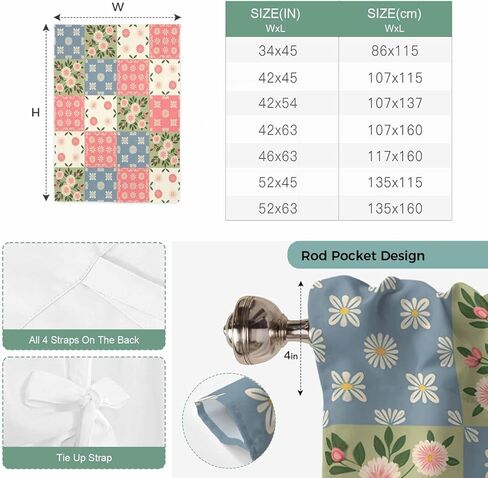 Japanese Style Tie Up Curtains for Window, Colorful Patchwork Flowers Leaves Plaid Thermal Insulated Balloon Shade Adjustable Rod Pocket Curtains Valance Panels for Kitchen Bathroom Café 52'' x 63'' in Saudi Arabia