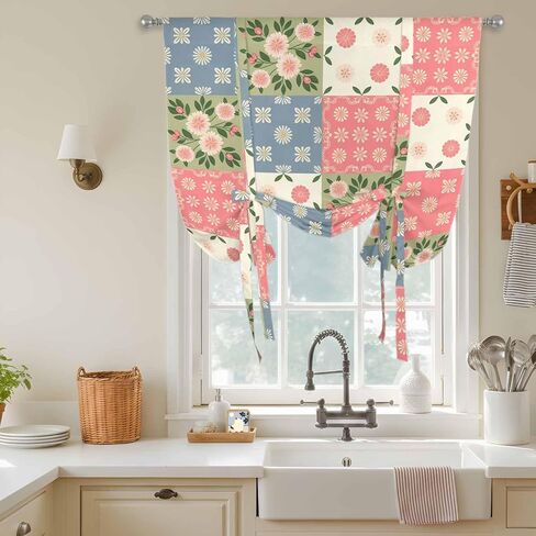 Japanese Style Tie Up Curtains for Window, Colorful Patchwork Flowers Leaves Plaid Thermal Insulated Balloon Shade Adjustable Rod Pocket Curtains Valance Panels for Kitchen Bathroom Café 52'' x 63'' in Saudi Arabia