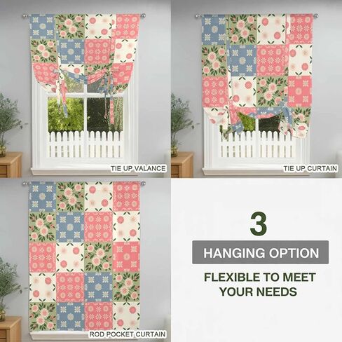 Japanese Style Tie Up Curtains for Window, Colorful Patchwork Flowers Leaves Plaid Thermal Insulated Balloon Shade Adjustable Rod Pocket Curtains Valance Panels for Kitchen Bathroom Café 52'' x 63'' in Saudi Arabia