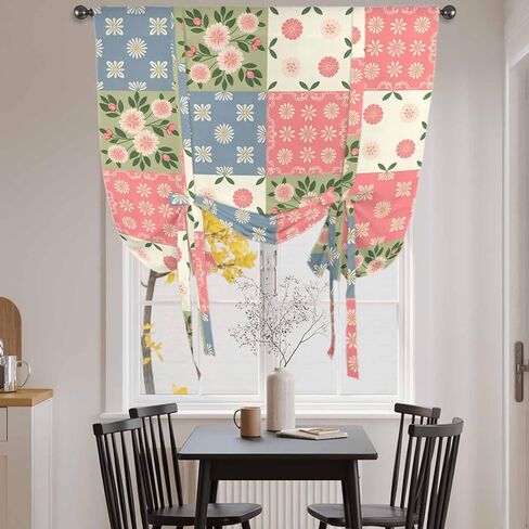 Japanese Style Tie Up Curtains for Window, Colorful Patchwork Flowers Leaves Plaid Thermal Insulated Balloon Shade Adjustable Rod Pocket Curtains Valance Panels for Kitchen Bathroom Café 52'' x 63'' in Saudi Arabia