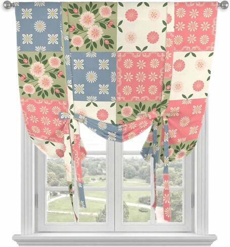 Japanese Style Tie Up Curtains for Window, Colorful Patchwork Flowers Leaves Plaid Thermal Insulated Balloon Shade Adjustable Rod Pocket Curtains Valance Panels for Kitchen Bathroom Café 52'' x 63'' in Saudi Arabia