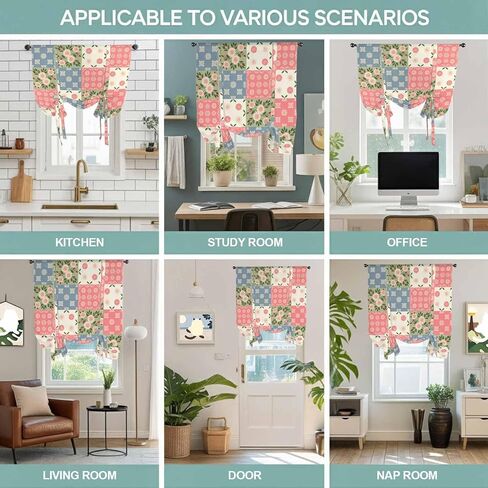 Japanese Style Tie Up Curtains for Window, Colorful Patchwork Flowers Leaves Plaid Thermal Insulated Balloon Shade Adjustable Rod Pocket Curtains Valance Panels for Kitchen Bathroom Café 52'' x 63'' in Saudi Arabia