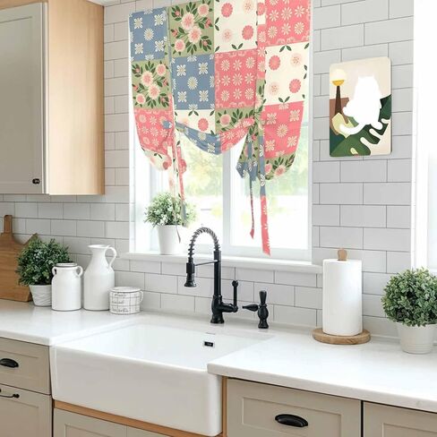 Japanese Style Tie Up Curtains for Window, Colorful Patchwork Flowers Leaves Plaid Thermal Insulated Balloon Shade Adjustable Rod Pocket Curtains Valance Panels for Kitchen Bathroom Café 52'' x 63'' in Saudi Arabia