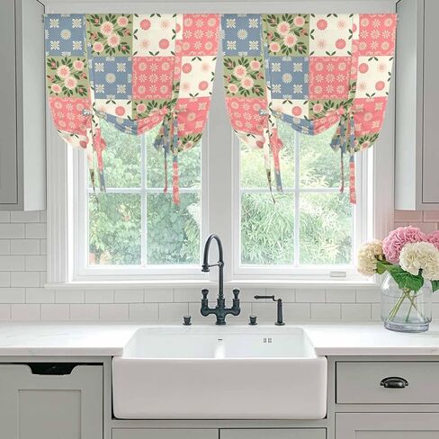 Japanese Style Tie Up Curtains for Window, Colorful Patchwork Flowers Leaves Plaid Thermal Insulated Balloon Shade Adjustable Rod Pocket Curtains Valance Panels for Kitchen Bathroom Café 52'' x 63'' in Saudi Arabia