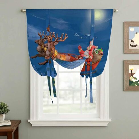 Blue Christmas Santa Tie Up Curtains for Window, Xmas Winter Cartoon Watercolor Deer Thermal Insulated Balloon Shade Adjustable Rod Pocket Curtains Valance Panels for Kitchen Bathroom Café 52'' x 63'' in Saudi Arabia