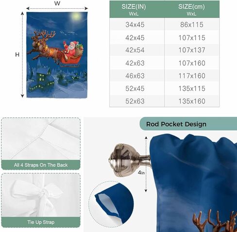 Blue Christmas Santa Tie Up Curtains for Window, Xmas Winter Cartoon Watercolor Deer Thermal Insulated Balloon Shade Adjustable Rod Pocket Curtains Valance Panels for Kitchen Bathroom Café 52'' x 63'' in Saudi Arabia