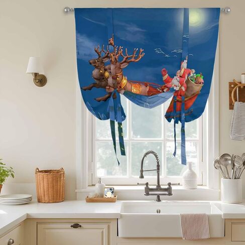 Blue Christmas Santa Tie Up Curtains for Window, Xmas Winter Cartoon Watercolor Deer Thermal Insulated Balloon Shade Adjustable Rod Pocket Curtains Valance Panels for Kitchen Bathroom Café 52'' x 63'' in Saudi Arabia